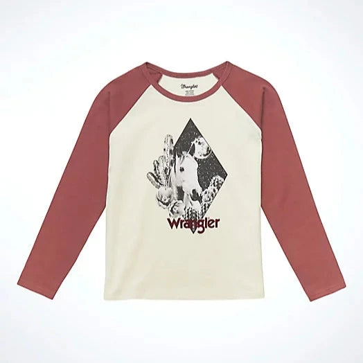 Wrangler Girl’s Long Sleeve Desert Scene Baseball Tee in White & Burgundy