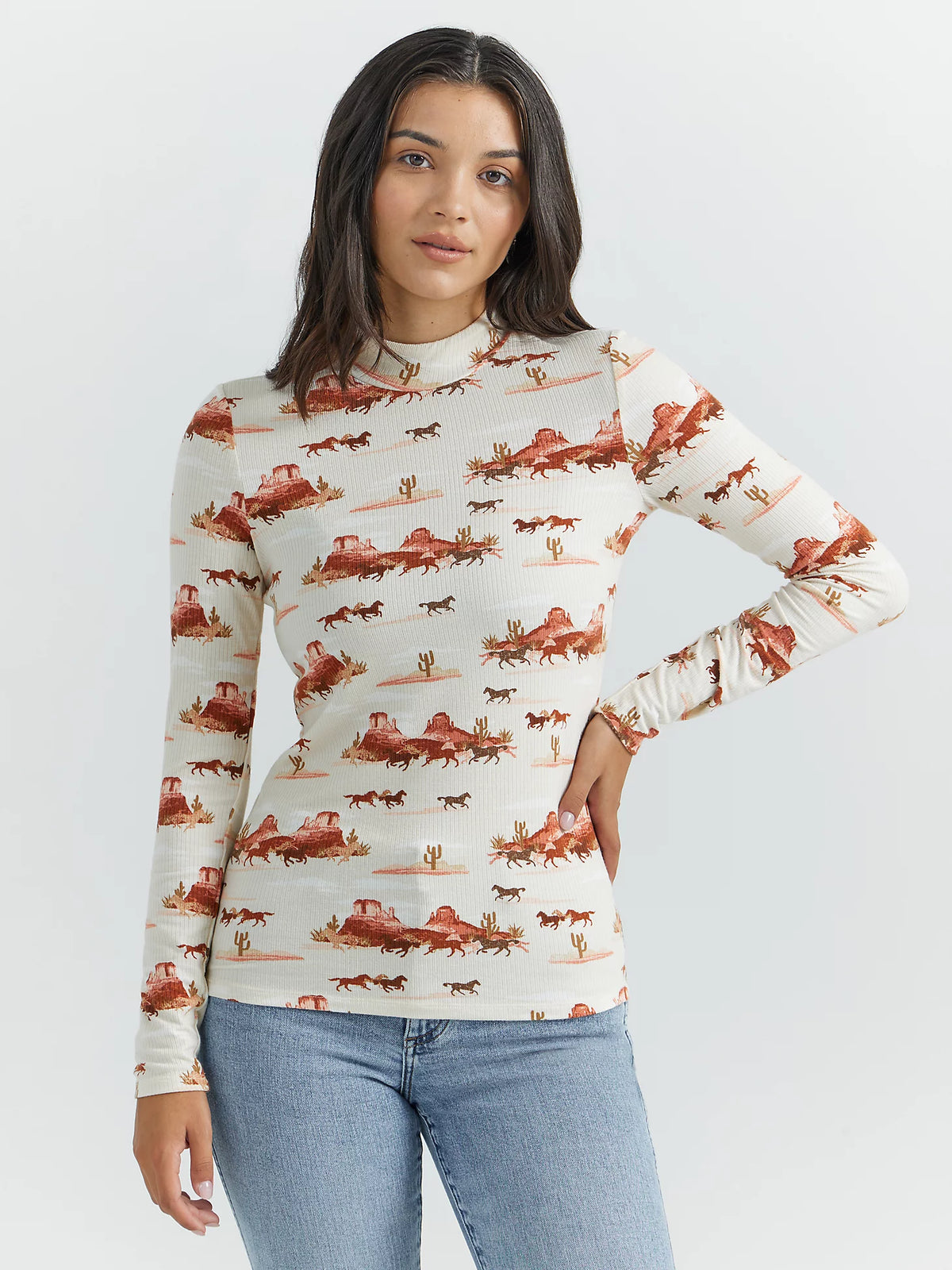 Wrangler Retro Women's L/S Horse Mock Neck Shirt in Creamsicle