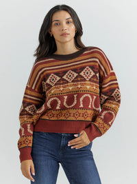 Wrangler Retro Women's Southwestern Pullover Sweater in Horseshoe Burgundy