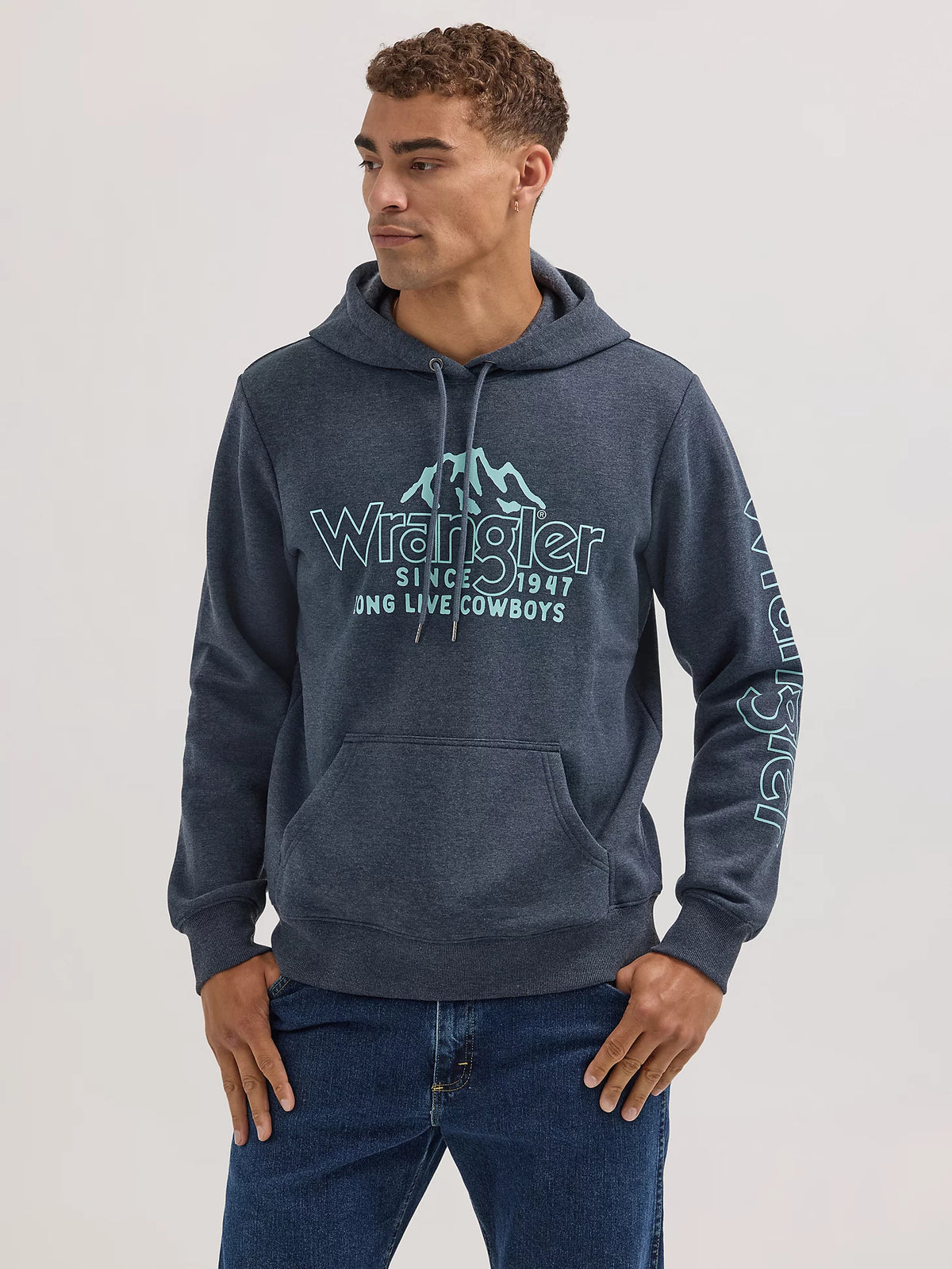 Wrangler Men's Mountain Crest Logo Pullover Hoodie in Dark Sapphire