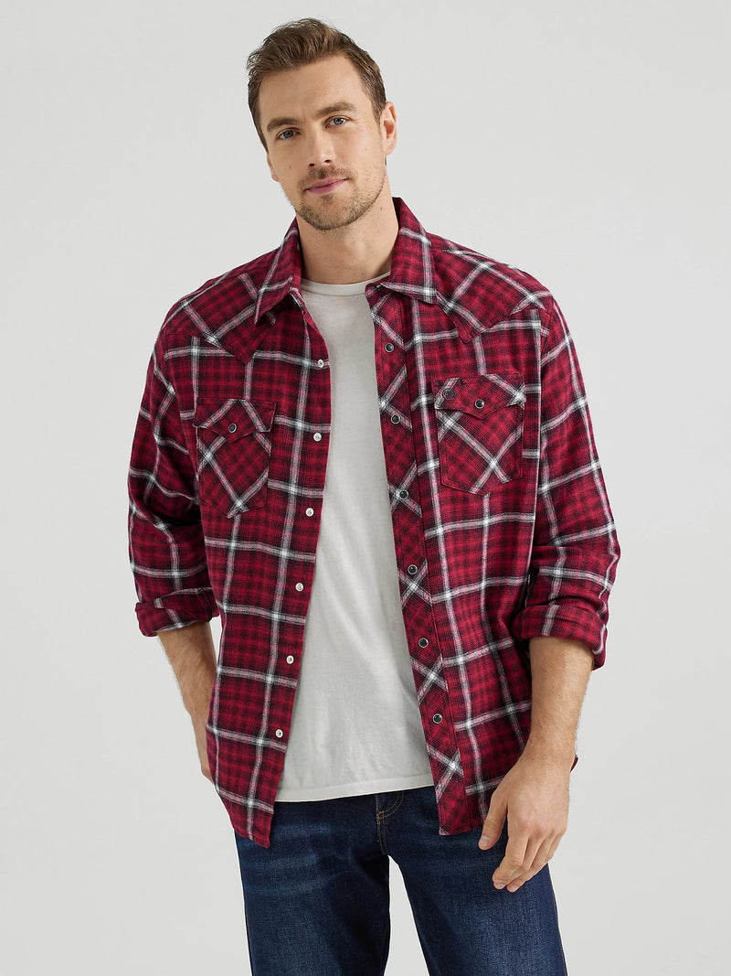 Wrangler Retro Men's L/S Flannel Western Snap Shirt in Berry Red Plaid