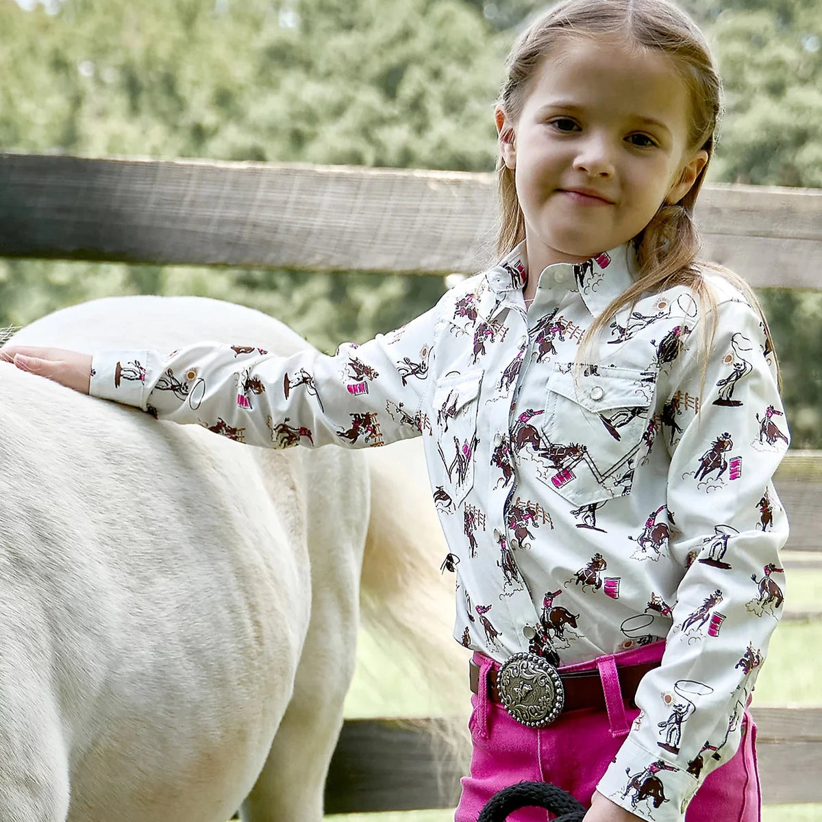 Wrangler Girl's L/S Bold Rodeo Print Western Snap Shirt in White