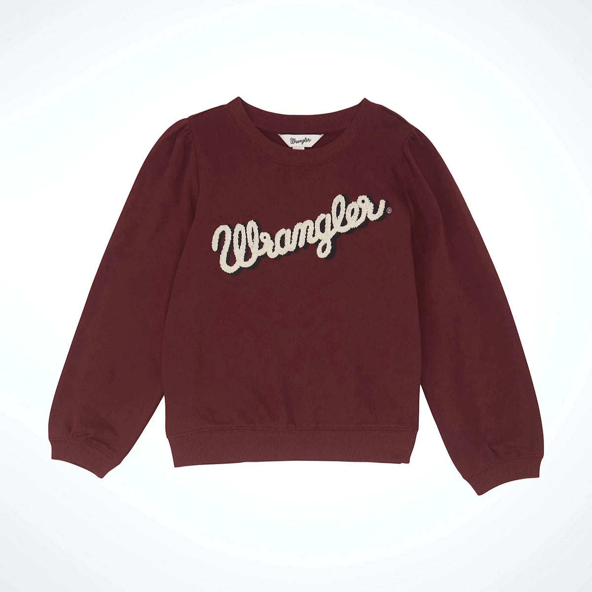 Wrangler Girl's Embroidered Logo Puff Sleeve Pullover Sweatshirt in Burgundy