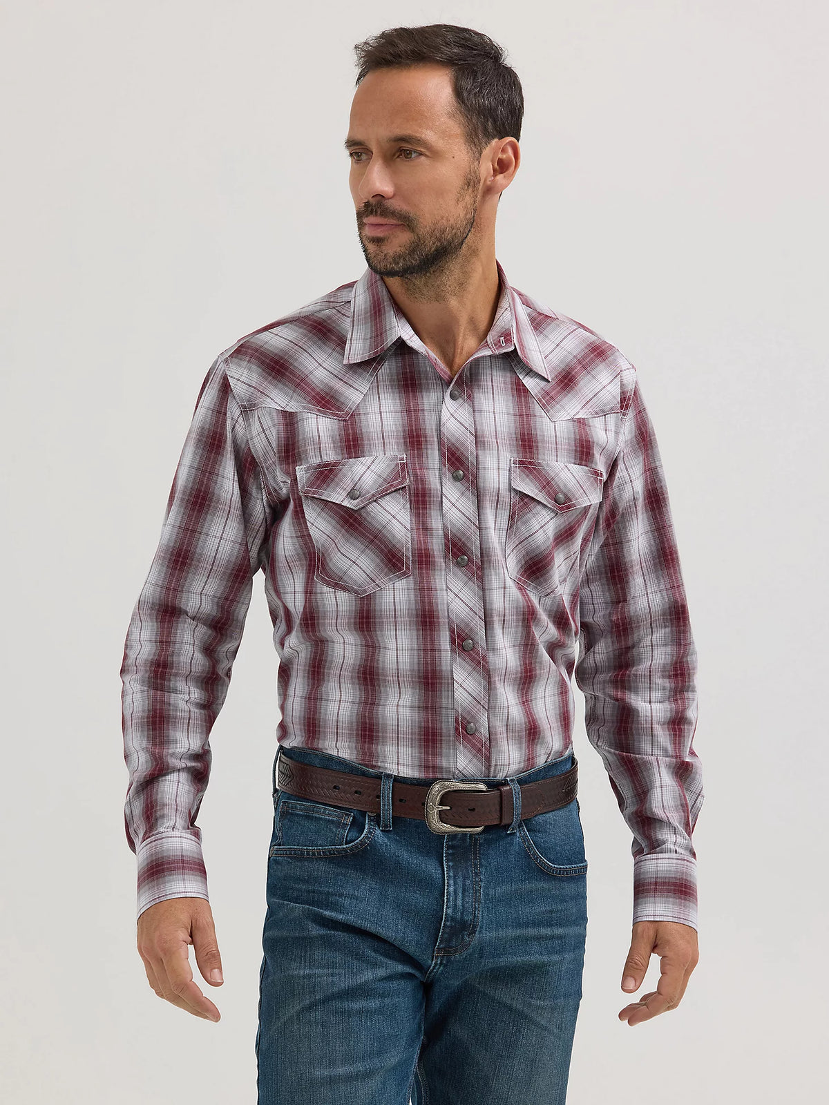 Wrangler Men's L/S 20X Competition Western Snap Shirt in Variegated Gray Wine Plaid