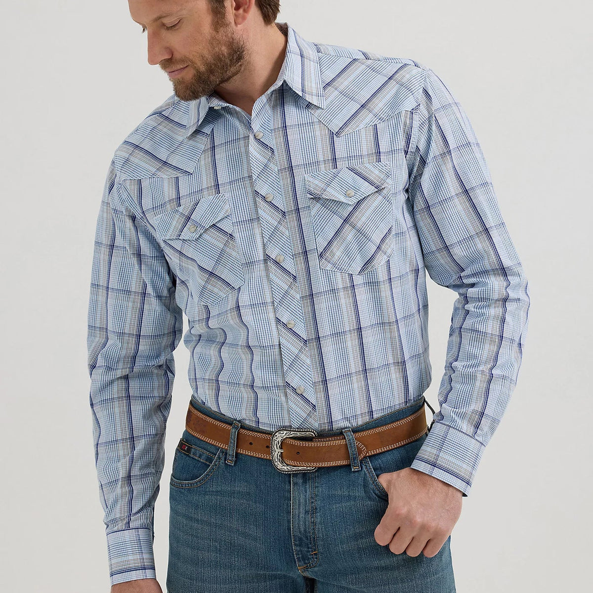 Wrangler Men's L/S 20X Competition Western Snap Shirt in Sky Plaid (Available in Tall Sizes)