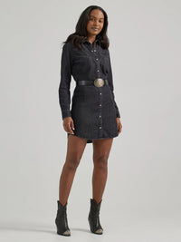 Wrangler Retro Women's Scallop Yoke Denim Western Snap Shirt Dress in Black