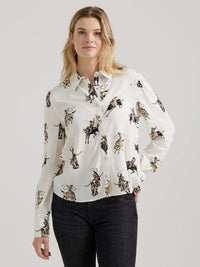 Wrangler Retro Women's L/S Drapey Rodeo Blouse in Rodeo White