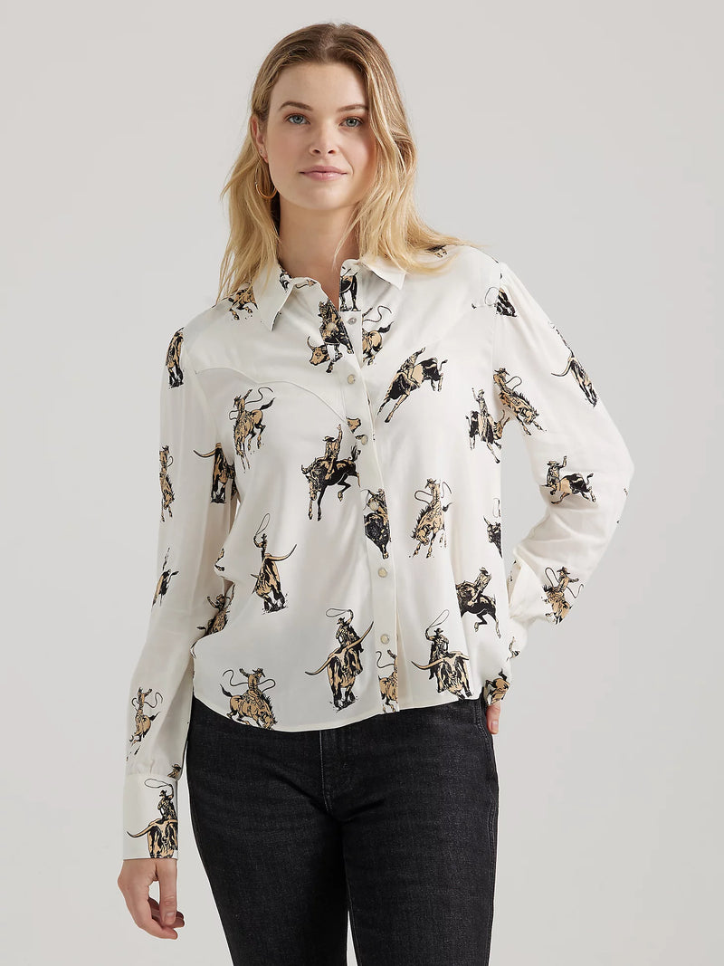 Wrangler Retro Women's L/S Drapey Rodeo Blouse in Rodeo White