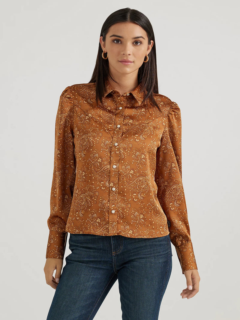 Wrangler Retro Women's L/S Satin Paisley Rodeo Blouse in Brown