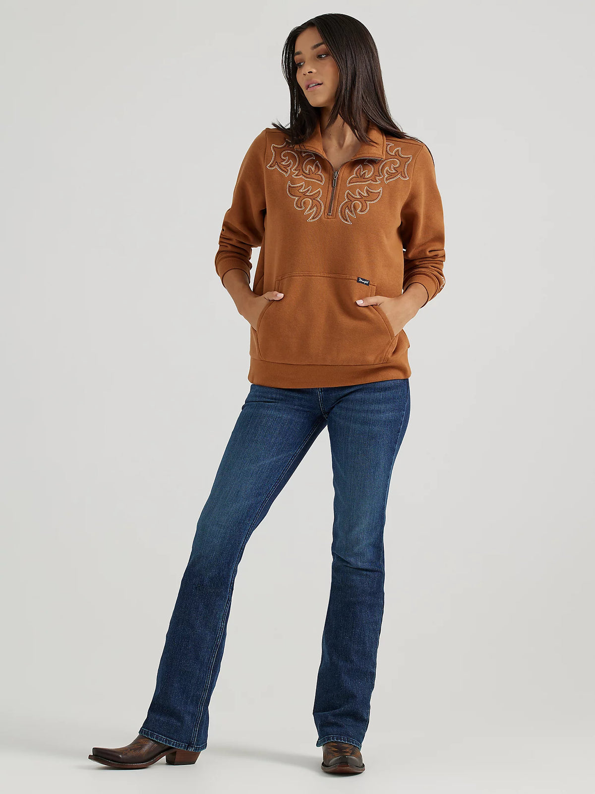 Wrangler Retro Women's Western Stitch Quarter-Zip Sweatshirt in Brown