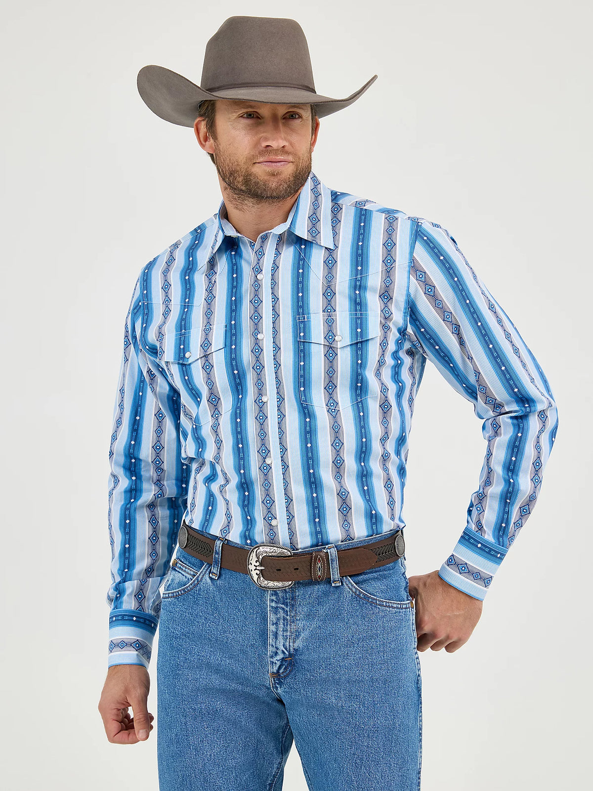 Wrangler Men's Checotah L/S Western Snap Shirt in River Blue