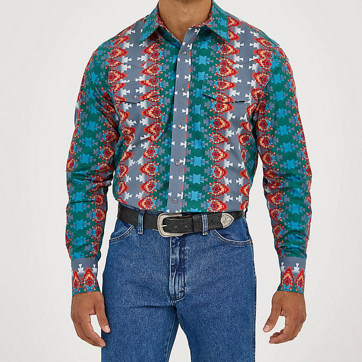 Wrangler Men's Checotah L/S Western Snap Shirt in Ocean Fire (Tall Sizes Available)