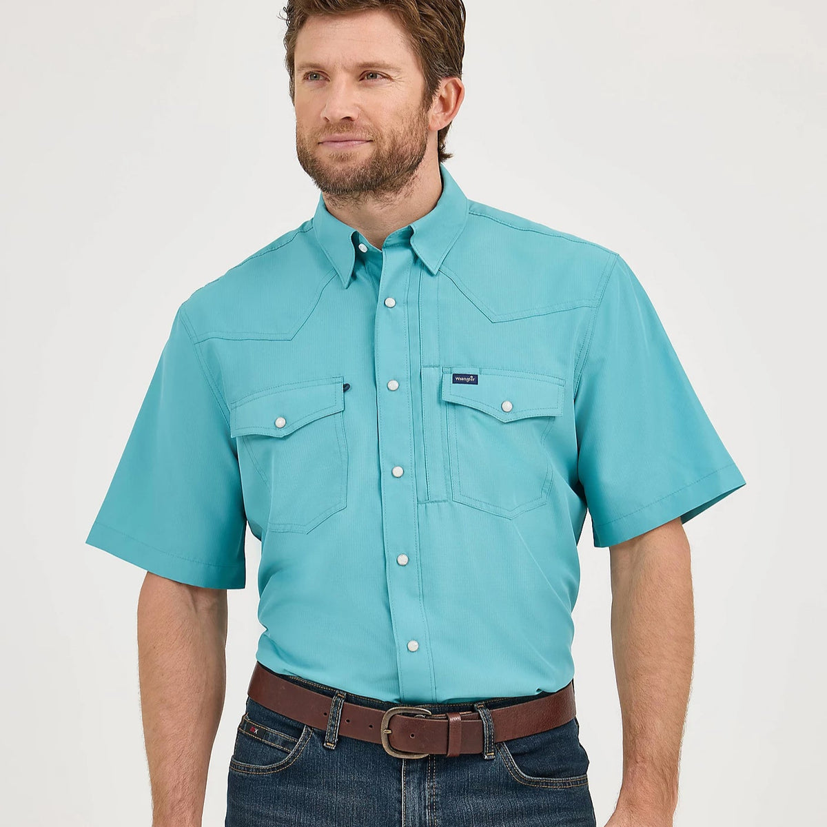 Wrangler Men's S/S Solid Performance Western Snap Shirt in Muted Teal