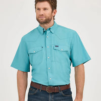 Wrangler Men's S/S Solid Performance Western Snap Shirt in Muted Teal