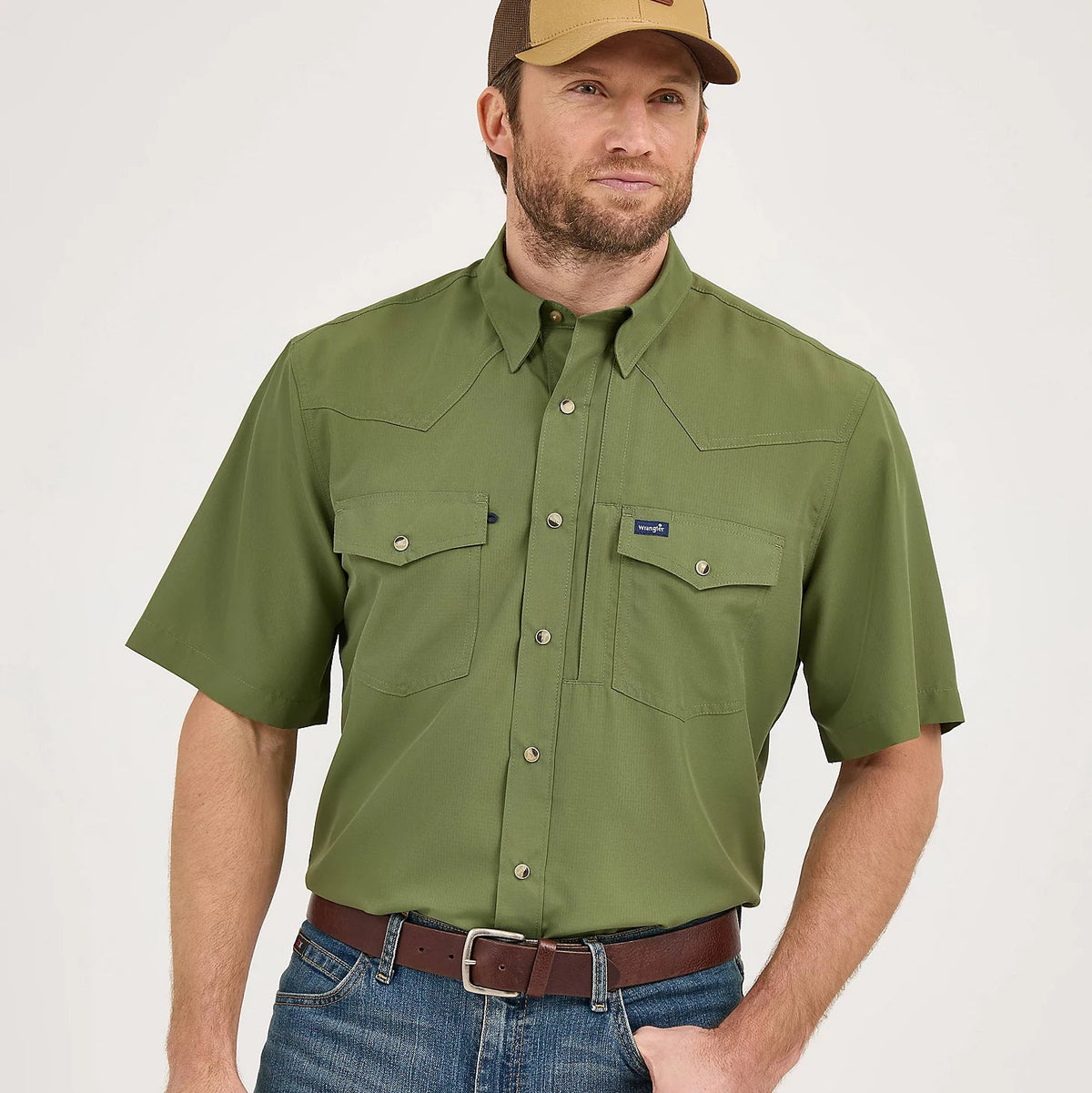 Wrangler Men's S/S Solid Performance Western Snap Shirt in Forest Green