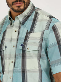 Wrangler Men's S/S Plaid Performance Western Snap Shirt in Cloudy Blues (Available in Tall Sizes)