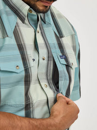 Wrangler Men's S/S Plaid Performance Western Snap Shirt in Cloudy Blues (Available in Tall Sizes)