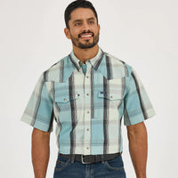 Wrangler Men's S/S Plaid Performance Western Snap Shirt in Cloudy Blues (Available in Tall Sizes)