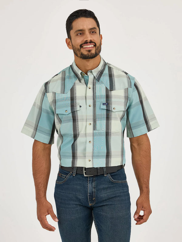 Wrangler Men's S/S Plaid Performance Western Snap Shirt in Cloudy Blues (Available in Tall Sizes)