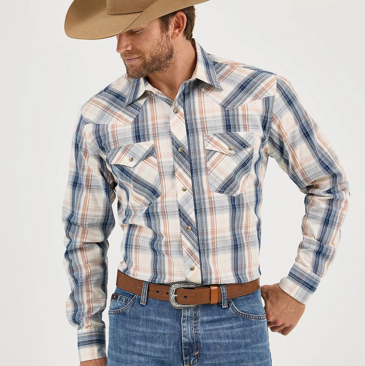 Wrangler Men's L/S 20X Competition Western Snap Shirt in Shore Plaid (Available in Tall Sizes)