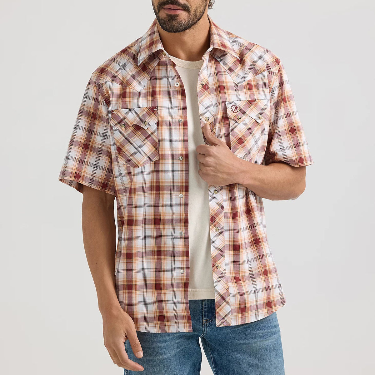 Wrangler Retro Men's S/S Sawtooth Pocket Plaid Western Snap Shirt in Classic Browns (Tall Sizes Available)