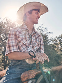 Wrangler Retro Men's S/S Sawtooth Pocket Plaid Western Snap Shirt in Classic Browns (Tall Sizes Available)