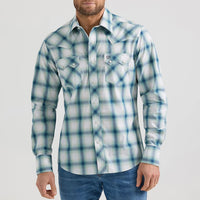 Wrangler Retro Men's L/S Sawtooth Pocket Plaid Western Snap Shirt in Teal Blur