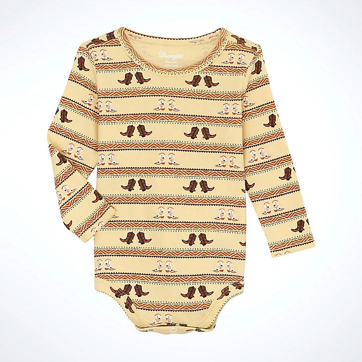 Wrangler Baby Boy's L/S Cowboy Boot Bodysuit in Tan