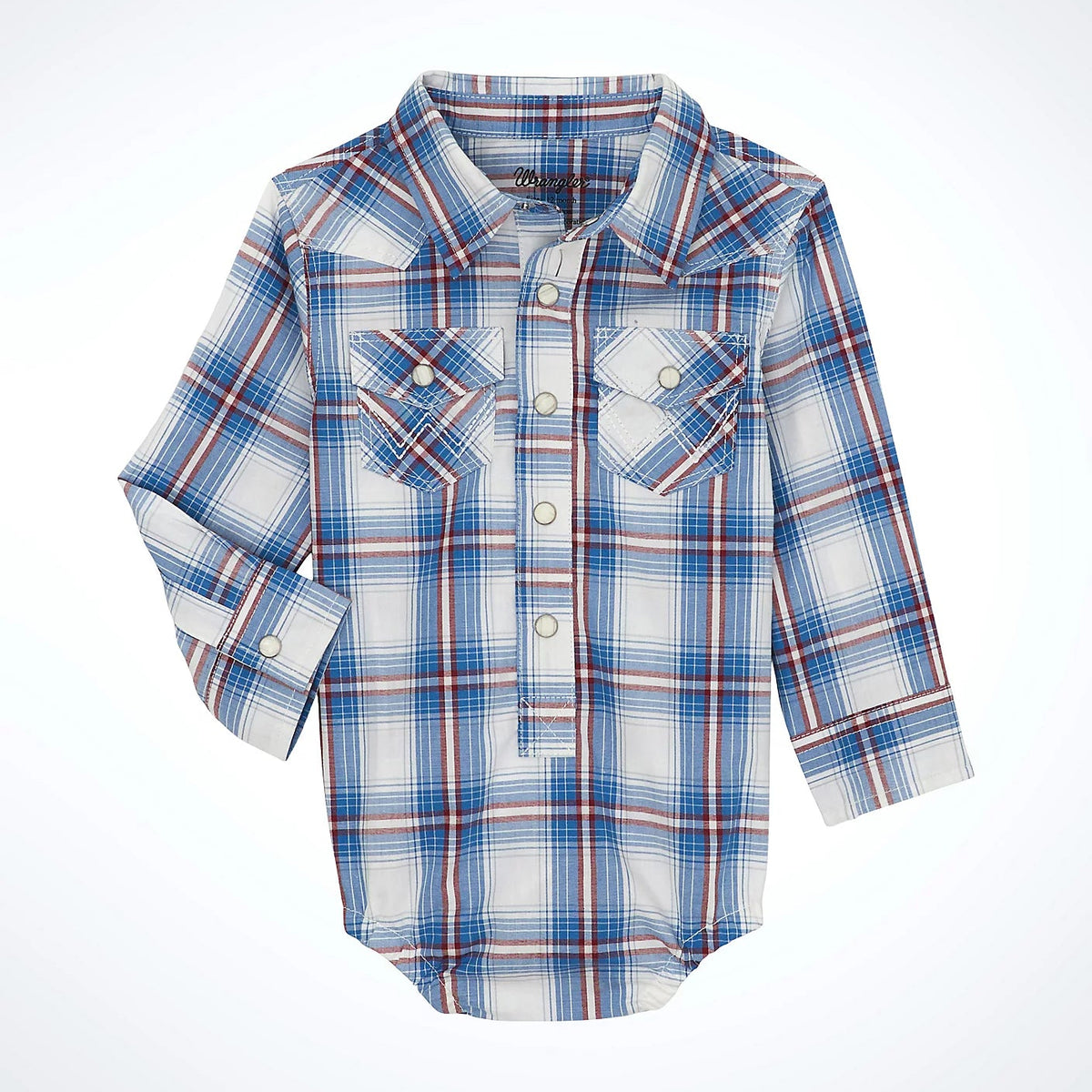 Wrangler Baby Boy's L/S Plaid Western Snap Bodysuit in Coastal Blue