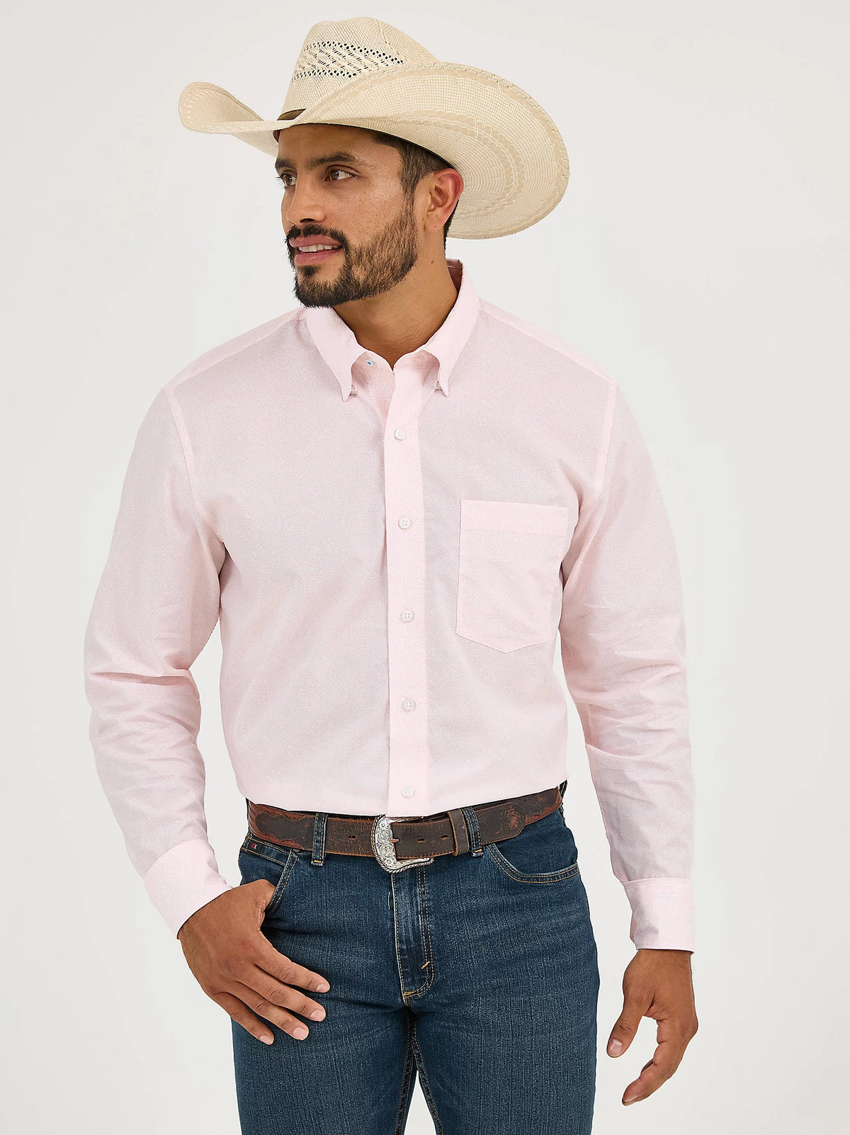 Wrangler Men's Cody Johnson L/S Paisley Button Down Shirt in Pink