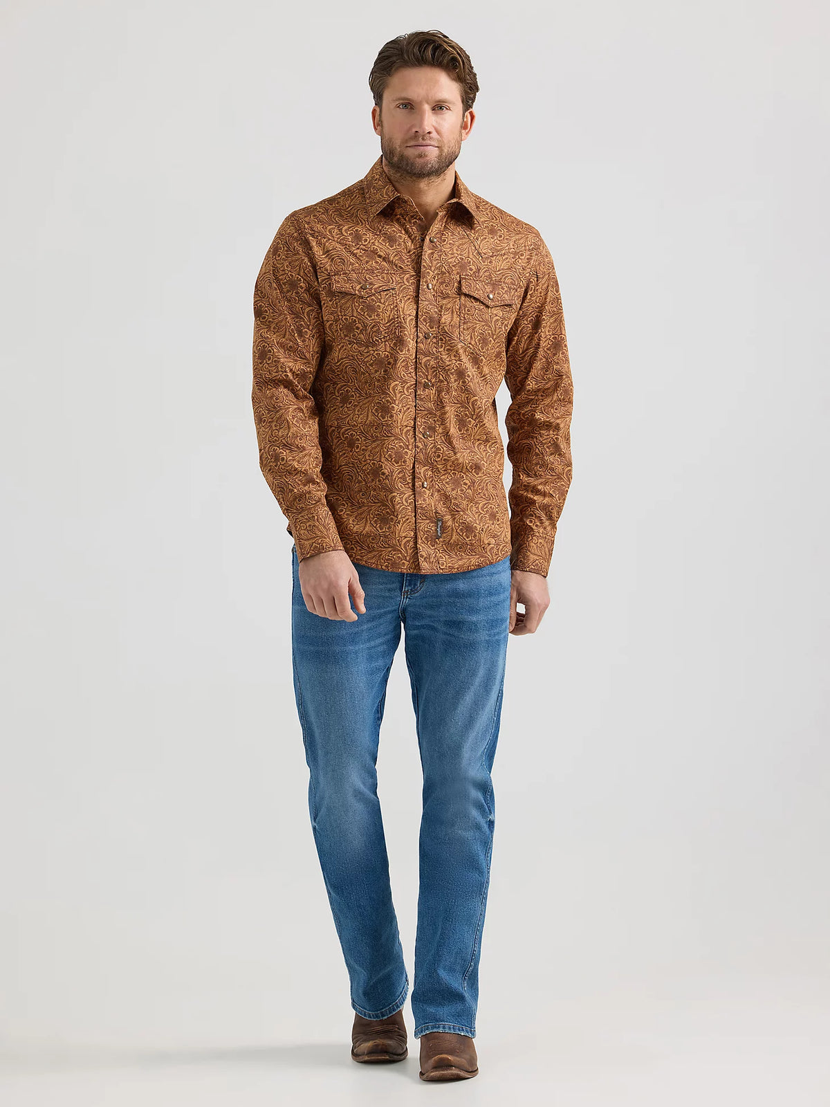 Wrangler Retro Men's L/S Premium Floral Western Snap Shirt in Caramel