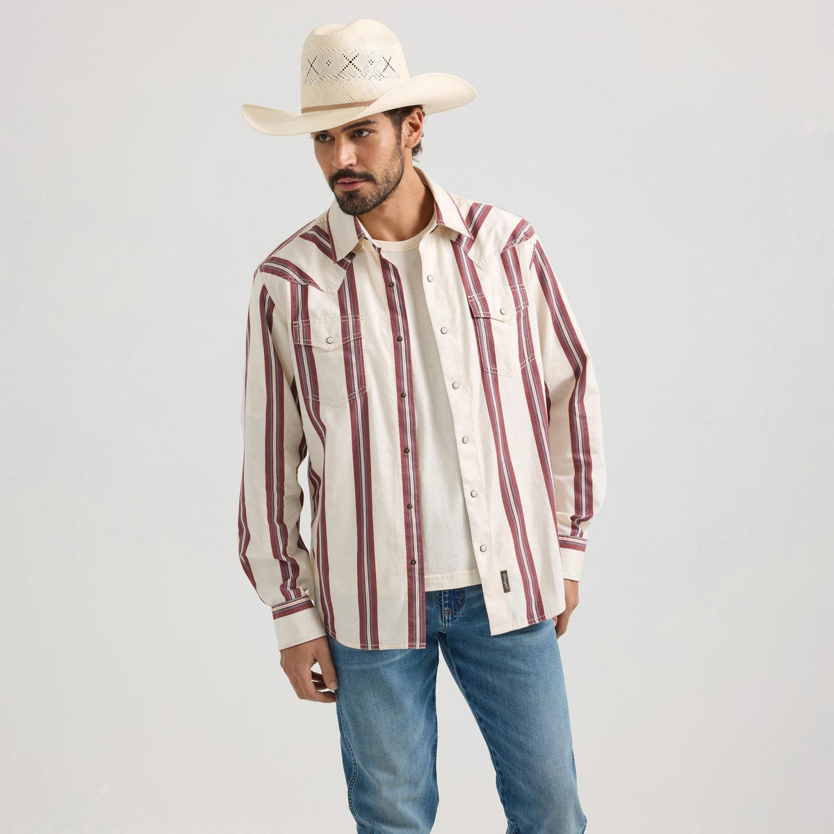 Wrangler Retro Men's L/S Premium Retro Striped Western Snap Shirt in White & Red (Tall Sizes Available)