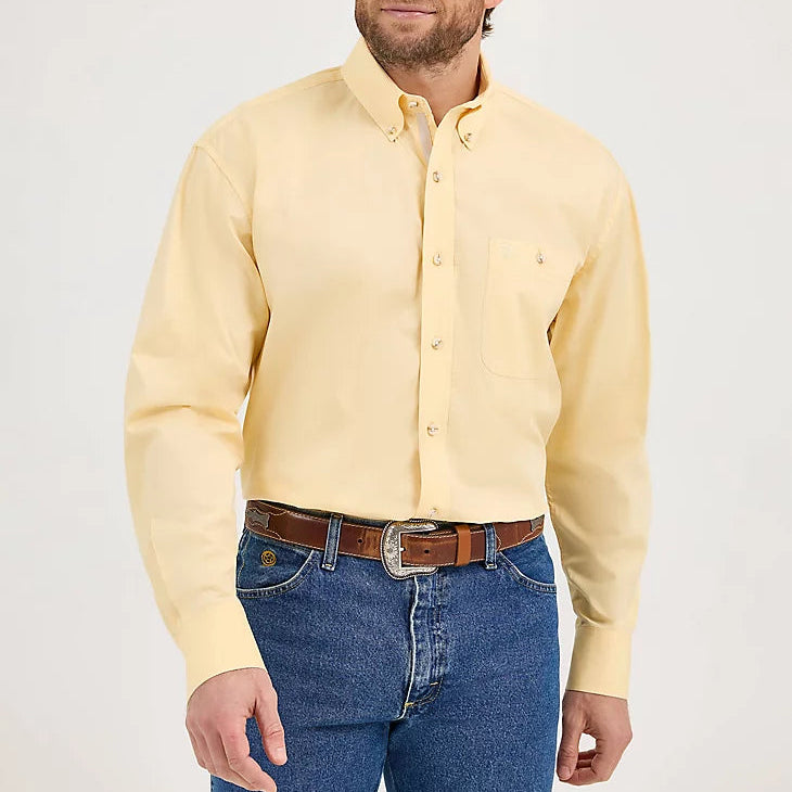 Wrangler Men's L/S George Strait Solid Button Down Shirt in Cornsilk Yellow (Available in Tall Sizes)