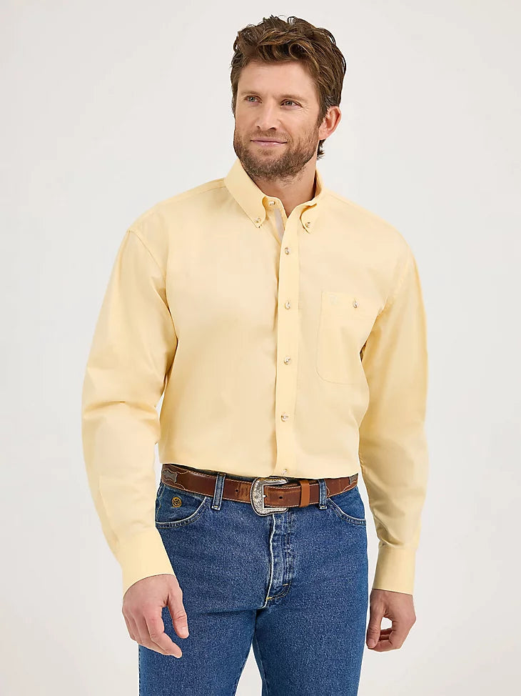 Wrangler Men's L/S George Strait Solid Button Down Shirt in Cornsilk Yellow (Available in Tall Sizes)