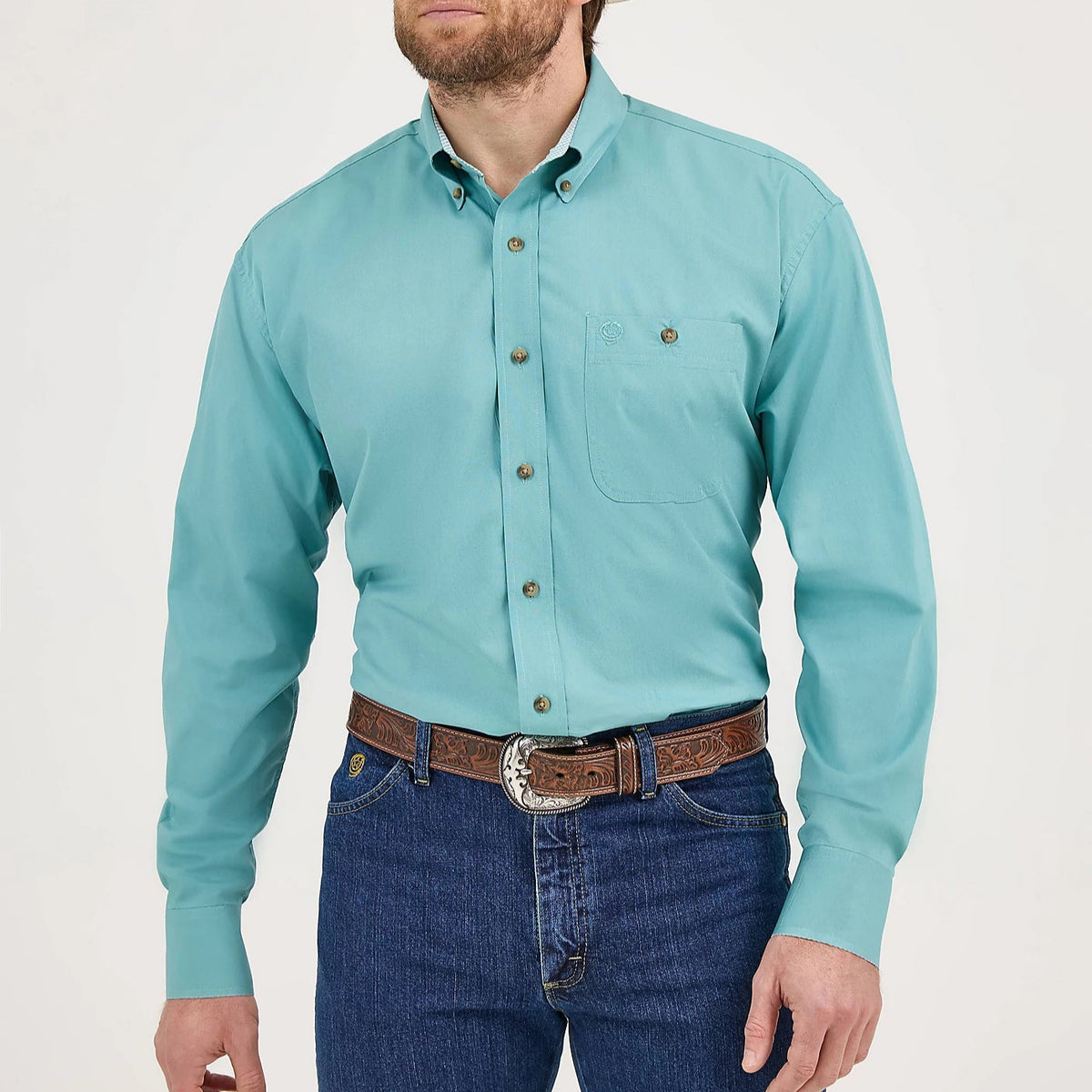 Wrangler Men's L/S George Strait Solid Button Down Shirt in Rich Teal