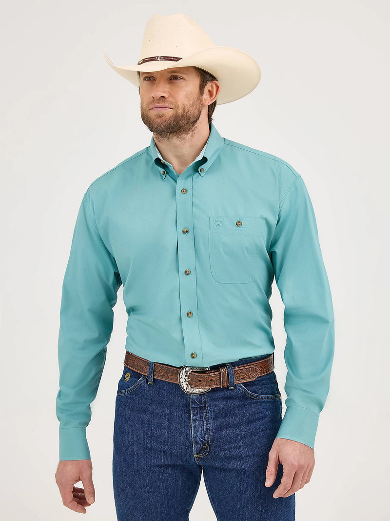 Wrangler Men's L/S George Strait Solid Button Down Shirt in Rich Teal