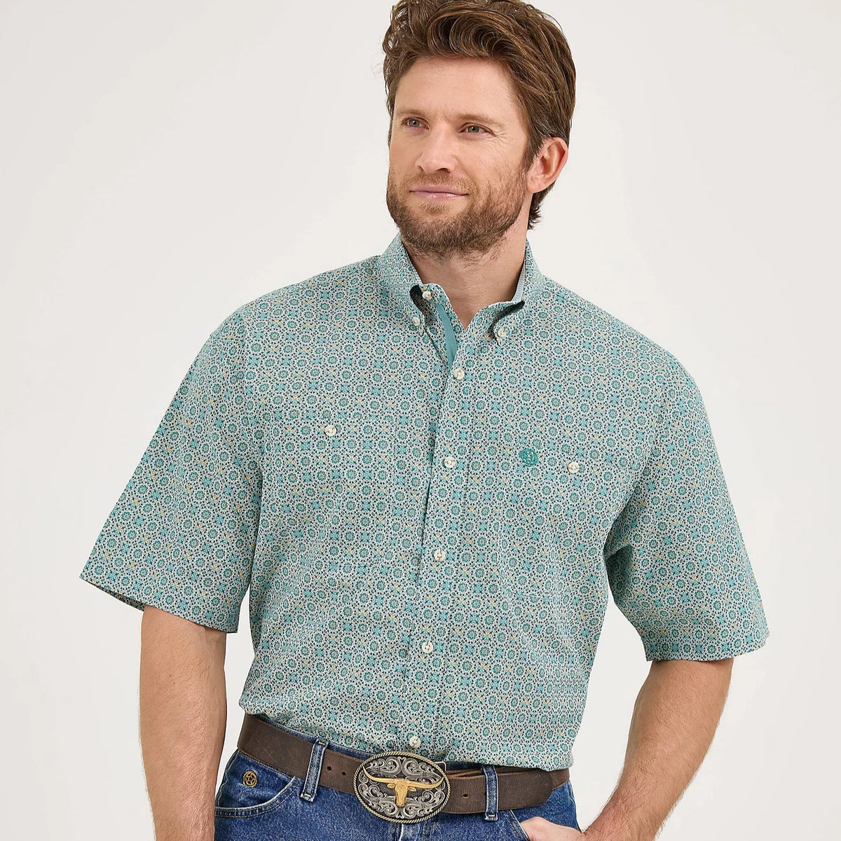 Wrangler Men's George Strait S/S Medallion Button Down Shirt in Turquoise Inlay