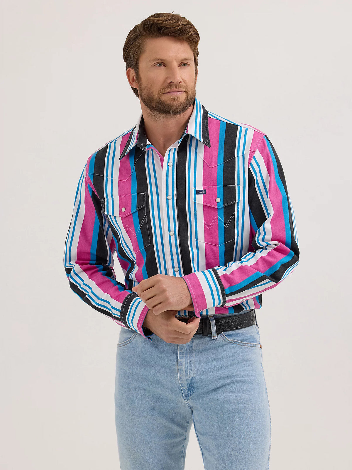 Wrangler Men's L/S Vintage Inspired Brushpopper Western Snap Work Shirt in Pink Mix