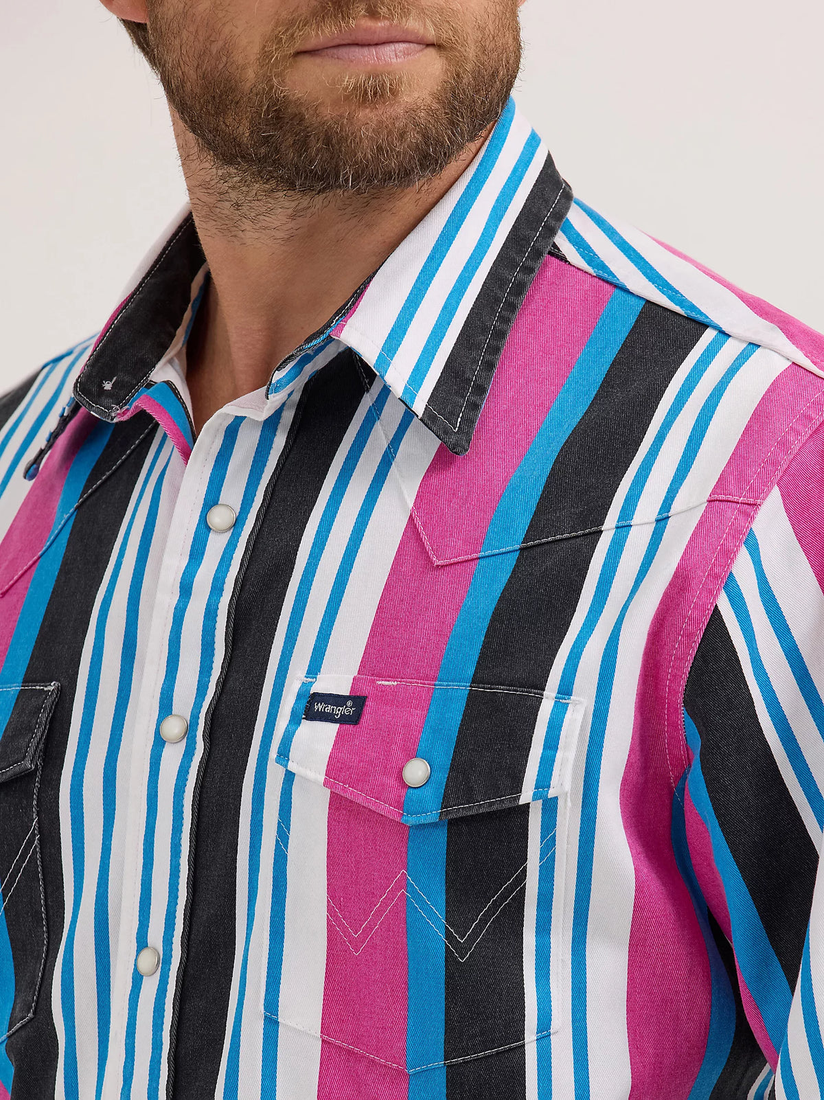 Wrangler Men's L/S Vintage Inspired Brushpopper Western Snap Work Shirt in Pink Mix