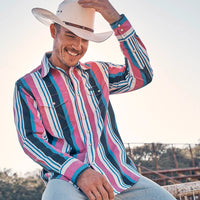 Wrangler Men's L/S Vintage Inspired Brushpopper Western Snap Work Shirt in Pink Mix