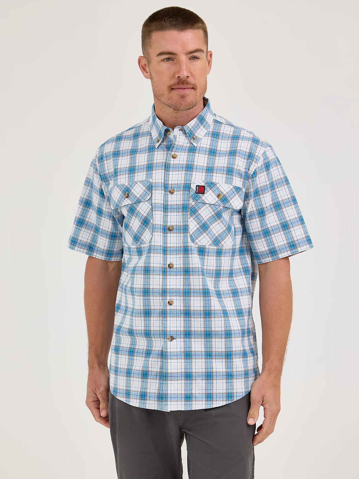 Wrangler Riggs Workwear Men's Foreman Plaid Work Shirt in Ocean Blue