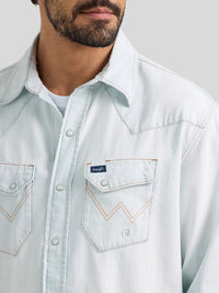 Wrangler Men's L/S Vintage Inspired Denim Western Snap Work Shirt in White Stonewash