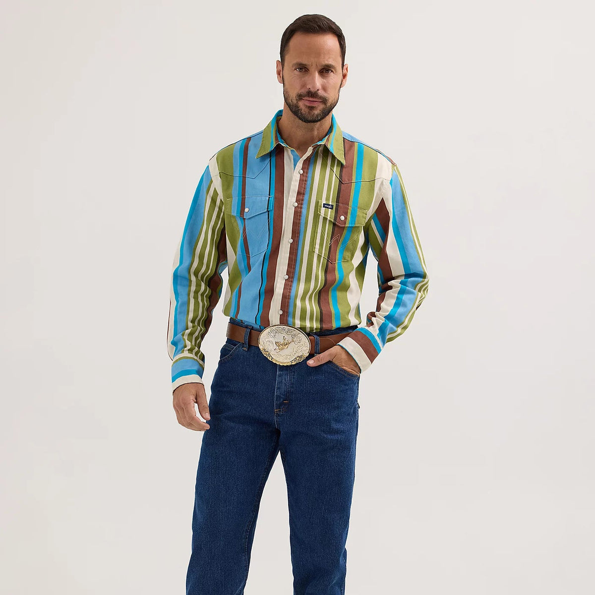 Wrangler Men's L/S Vintage Inspired Brushpopper Western Snap Work Shirt in Green Sky