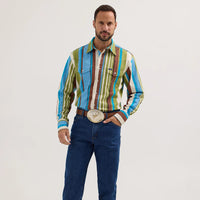Wrangler Men's L/S Vintage Inspired Brushpopper Western Snap Work Shirt in Green Sky