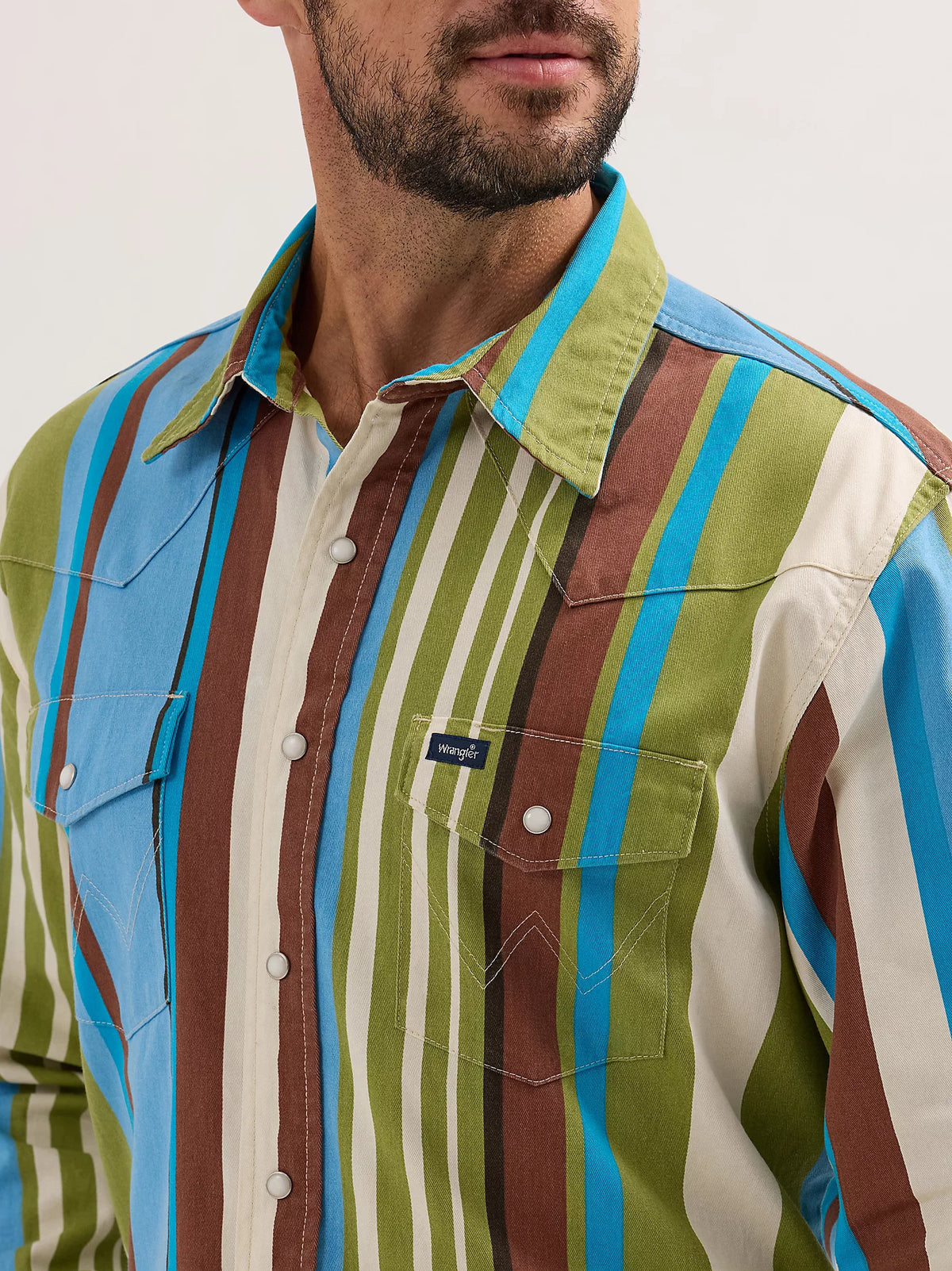 Wrangler Men's L/S Vintage Inspired Brushpopper Western Snap Work Shirt in Green Sky