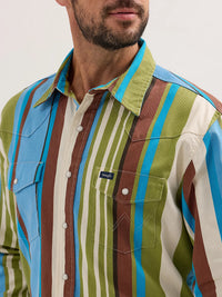 Wrangler Men's L/S Vintage Inspired Brushpopper Western Snap Work Shirt in Green Sky
