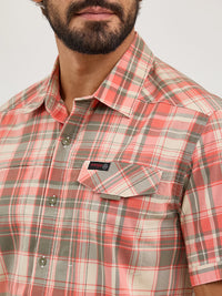 Wrangler ATG Men's S/S Plaid Western Button Down Shirt in Coral