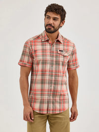 Wrangler ATG Men's S/S Plaid Western Button Down Shirt in Coral