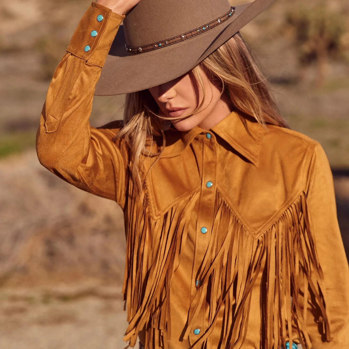 Wrangler x Lainey Wilson Fringe Snap Shirt in Bone Brown