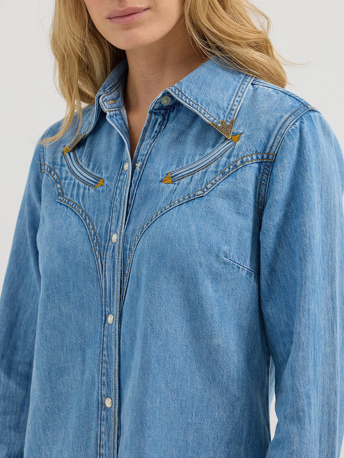 Wrangler x Lainey Wilson Moxie Western Denim Shirt in Mid Wash Denim